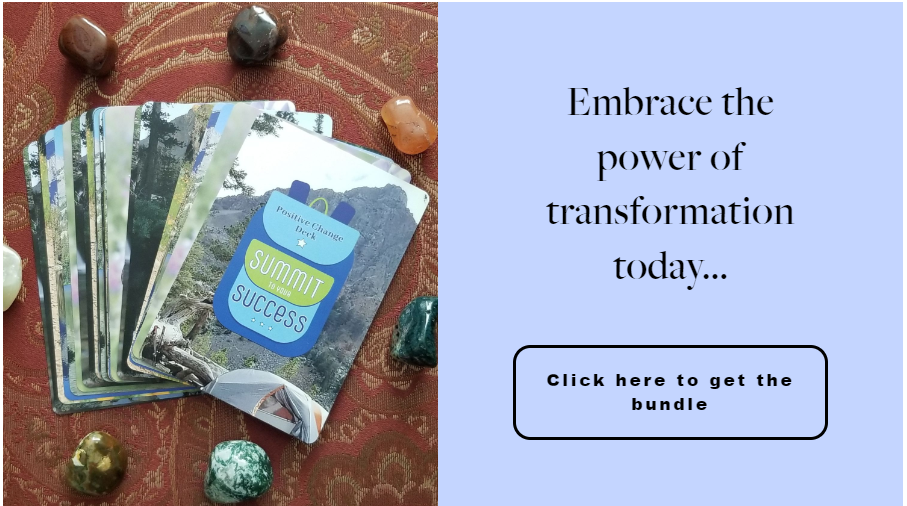 card deck spread out with "Embrace the power of transformation today" next to it and a button that says "click here to get the button"